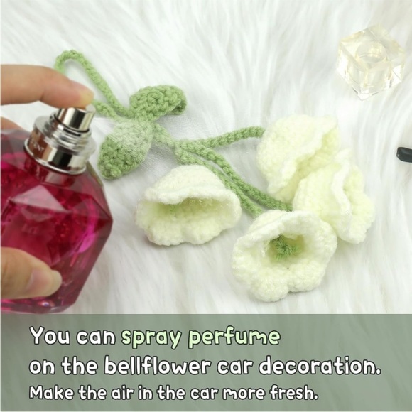 Handmade Woven Bell White Flower Plant Pot Knit Car Mirror Hanging Accessory - Picture 2 of 10